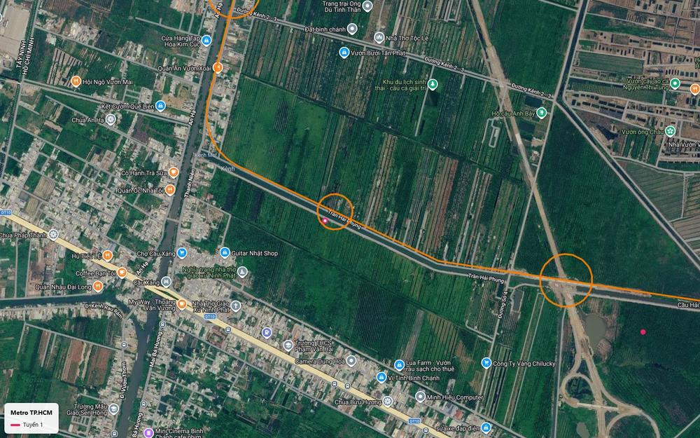 Bản đồ tuyến metro số 1 chạy thẳng theo đường Trần Hải Phụng ven kênh, gần chợ Cầu Xáng và trục DT10 ở Bình Chánh