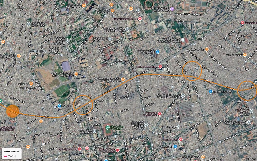 Bản đồ tuyến metro số 1 theo trục 3 Tháng 2 và Lý Thái Tổ quận 10, gần Việt Nam Quốc Tự và Vạn Hạnh Mall