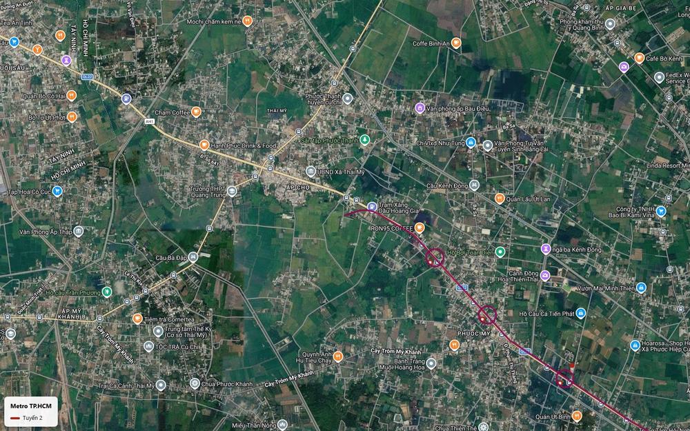 Khởi điểm tuyến metro số 2 TP.HCM ở xã Thái Mỹ huyện Củ Chi, vạch đỏ mận bám Quốc lộ 22 gần cầu Kênh Đông