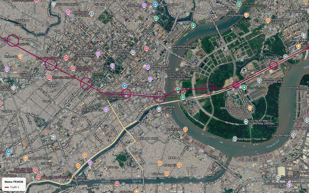 Tuyến metro số 2 TP.HCM kéo dài từ ga Bến Thành theo đường Hàm Nghi vượt sông Sài Gòn sang Thủ Thiêm và công viên Sala