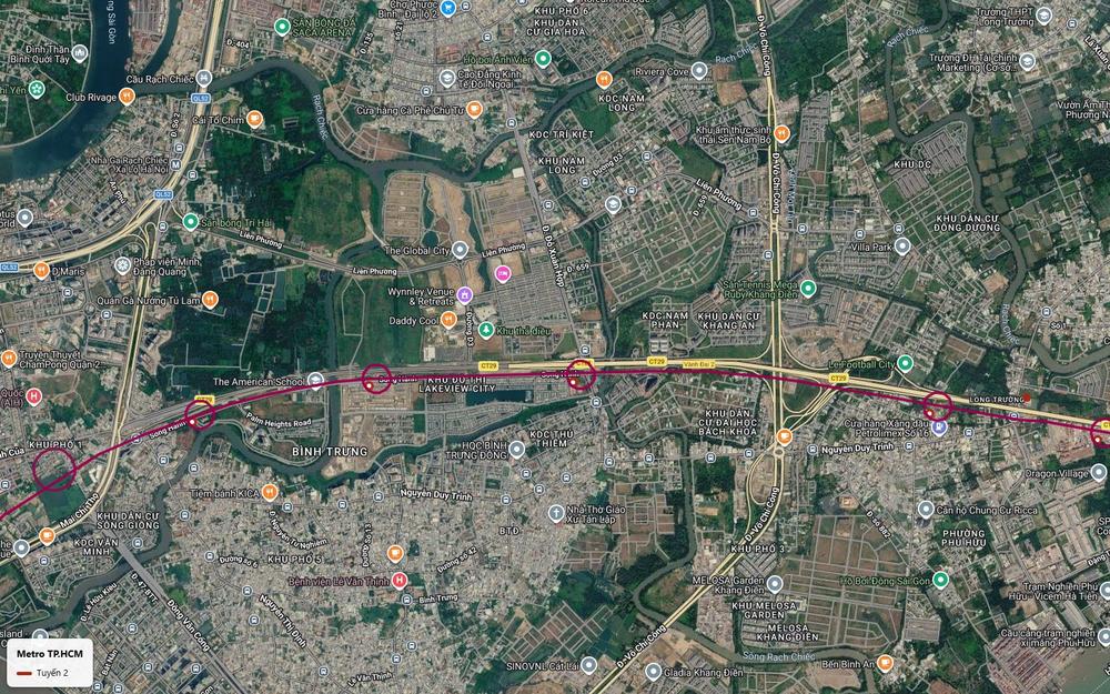 Toàn cảnh tuyến metro số 2 TP.HCM khu đông từ Mai Chí Thọ qua Bình Trưng đến Lakeview City, phía bắc là ga Rạch Chiếc metro số 1