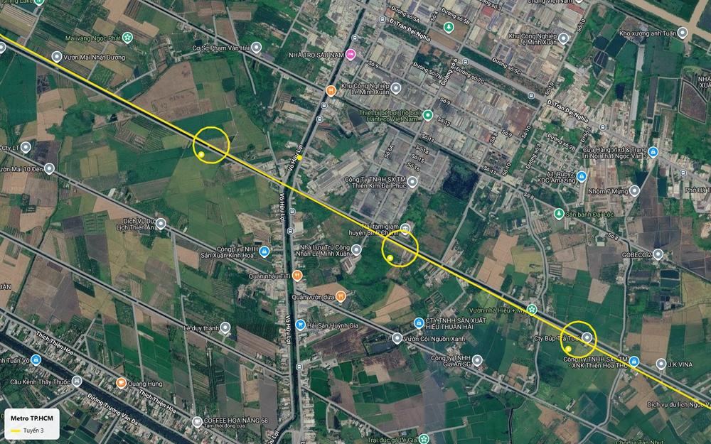 Hai nhà ga liên tiếp của tuyến metro số 3 TP.HCM tại vùng đệm khu công nghiệp Lê Minh Xuân, đường Võ Hữu Lợi