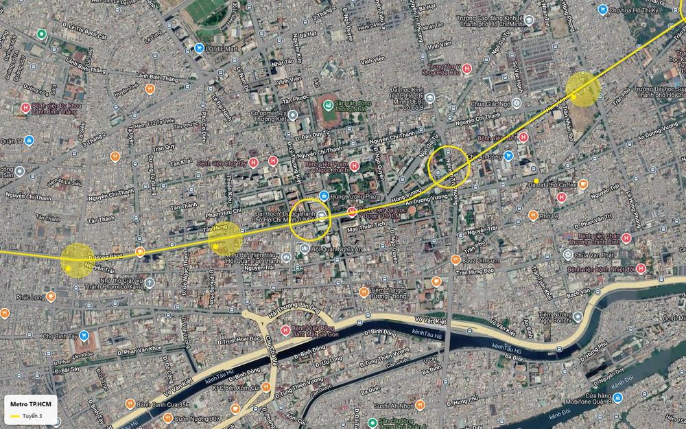 Ga Đại học Y Dược và ga Nguyễn Tri Phương của tuyến metro số 3 TP.HCM trên trục Hùng Vương, gần chợ An Đông