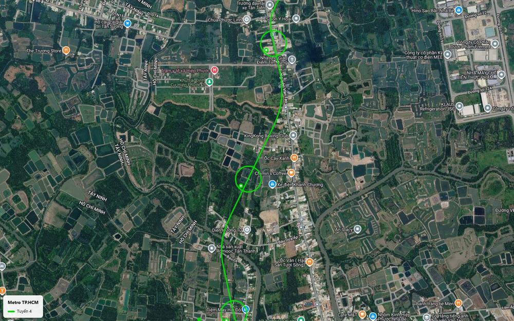 Bản đồ tuyến metro số 4 đoạn Nguyễn Văn Tạo xã Hiệp Phước giữa vùng ao tôm, gần khu tái định cư Hiệp Phước 2