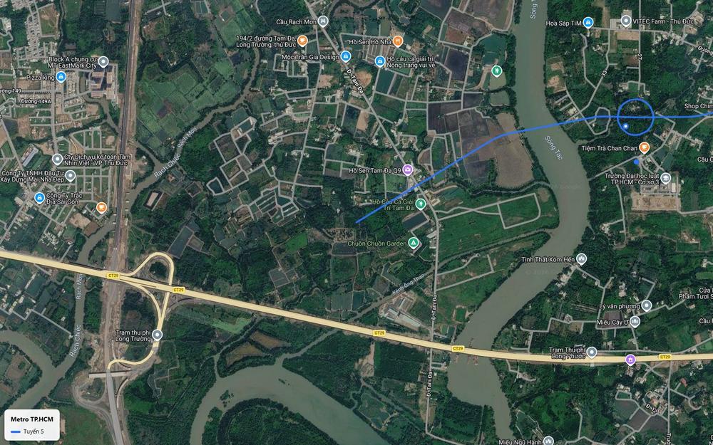 Bản đồ tuyến metro số 5 TP.HCM tại khu Tam Đa, Long Trường, TP Thủ Đức nhìn từ ảnh vệ tinh