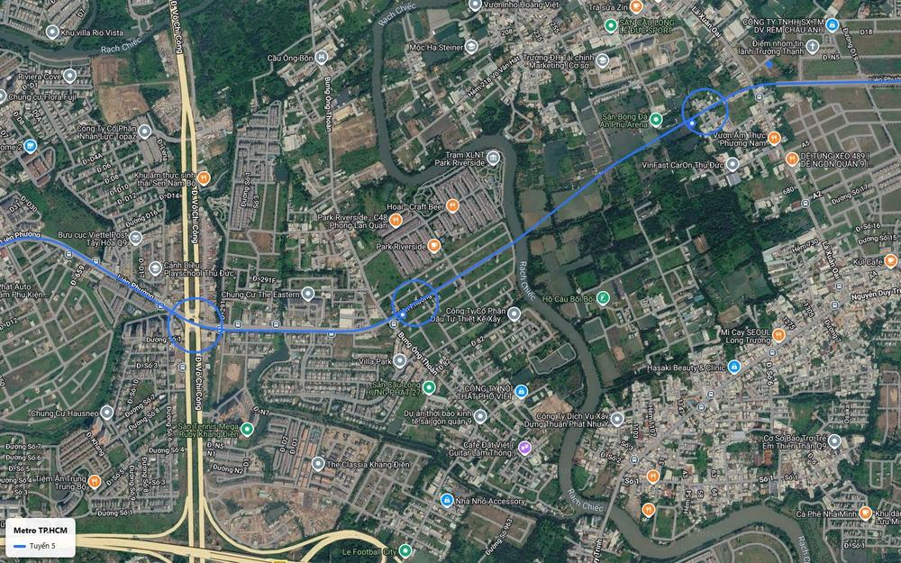 Ga trung chuyển tuyến metro số 5 tại giao lộ Liên Phường và Võ Chí Công, khu Phú Hữu, rạch Chiếc