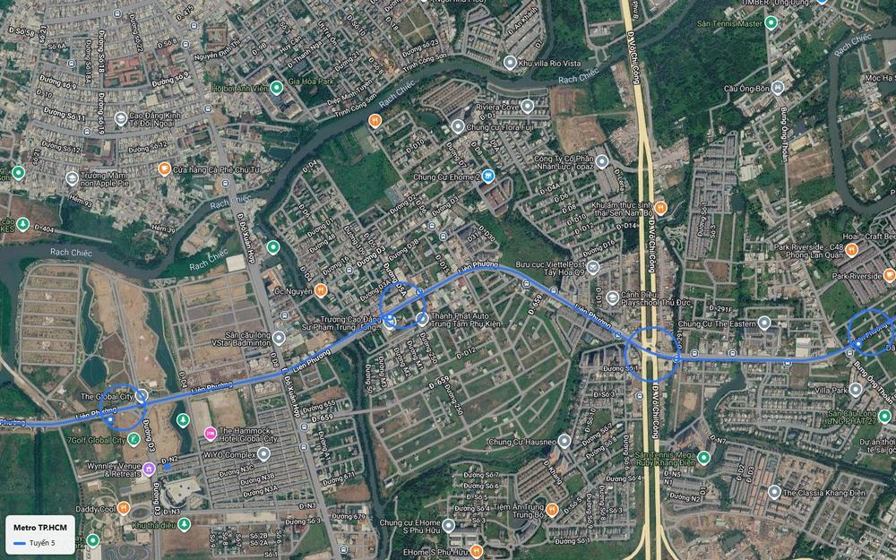 Tuyến metro số 5 trên đường Liên Phường vượt rạch Chiếc, giao Đỗ Xuân Hợp gần The Global City