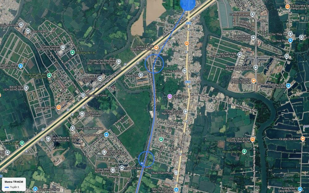 Bản đồ tuyến metro số 5 theo đường Song Hành Quốc lộ 50 qua xã Phong Phú, gần Mizuki Park