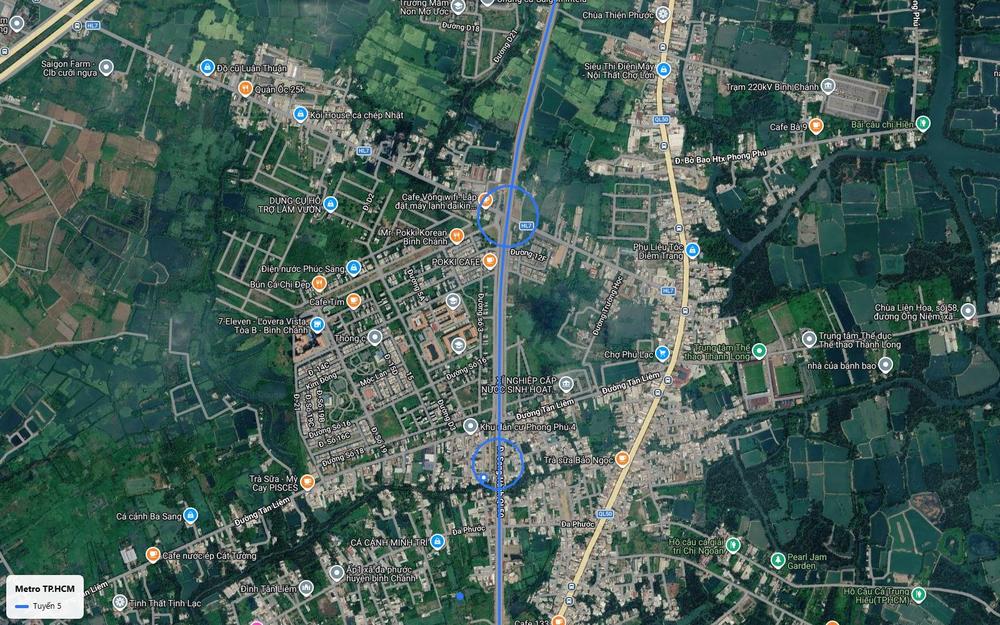 Tuyến metro số 5 trên Quốc lộ 50 qua khu Phong Phú 4 và chợ Phú Lạc, hướng về Đa Phước