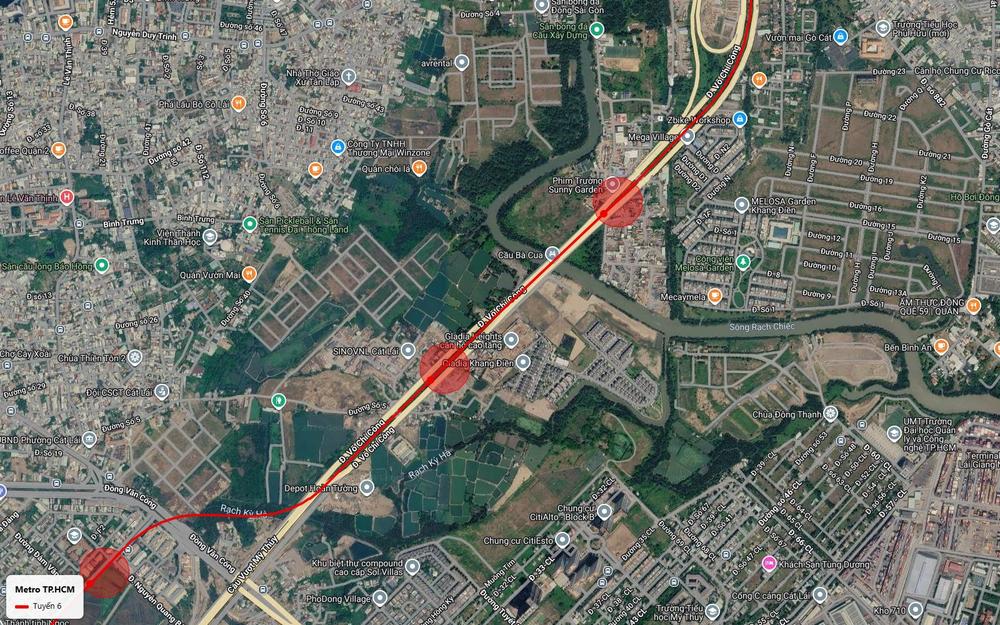 Tuyến metro số 6 dọc Võ Chí Công vượt cầu Bà Cua qua Mega Village Melosa Garden Khang Điền tới depot Hoàn Tường