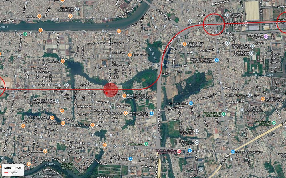 Tuyến metro số 6 cong theo Nguyễn Văn Linh qua hồ Tân Mỹ rồi chạy giữa Kênh Tẻ và đường Nguyễn Thị Thập