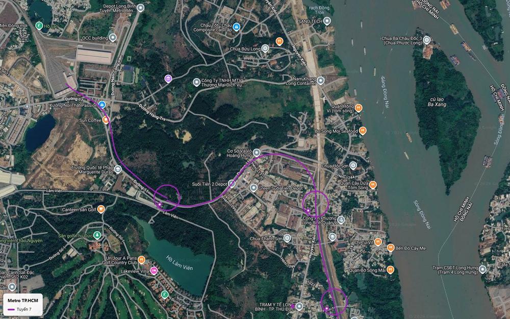 Tuyến metro số 7 uốn cong qua khu Suối Tiên 2 Depot ra đường Nguyễn Xiển ven sông Đồng Nai phường Long Bình