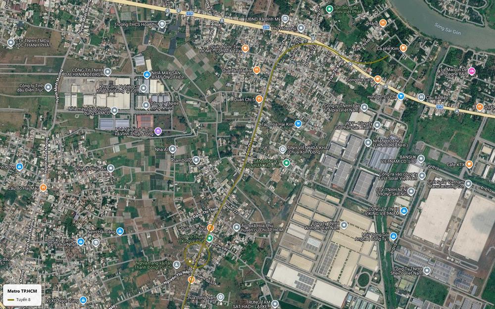 Bản đồ vệ tinh tuyến metro số 8 chạy dọc đường Bến Than qua khu công nghiệp cơ khí ô tô SAMCO tại Củ Chi