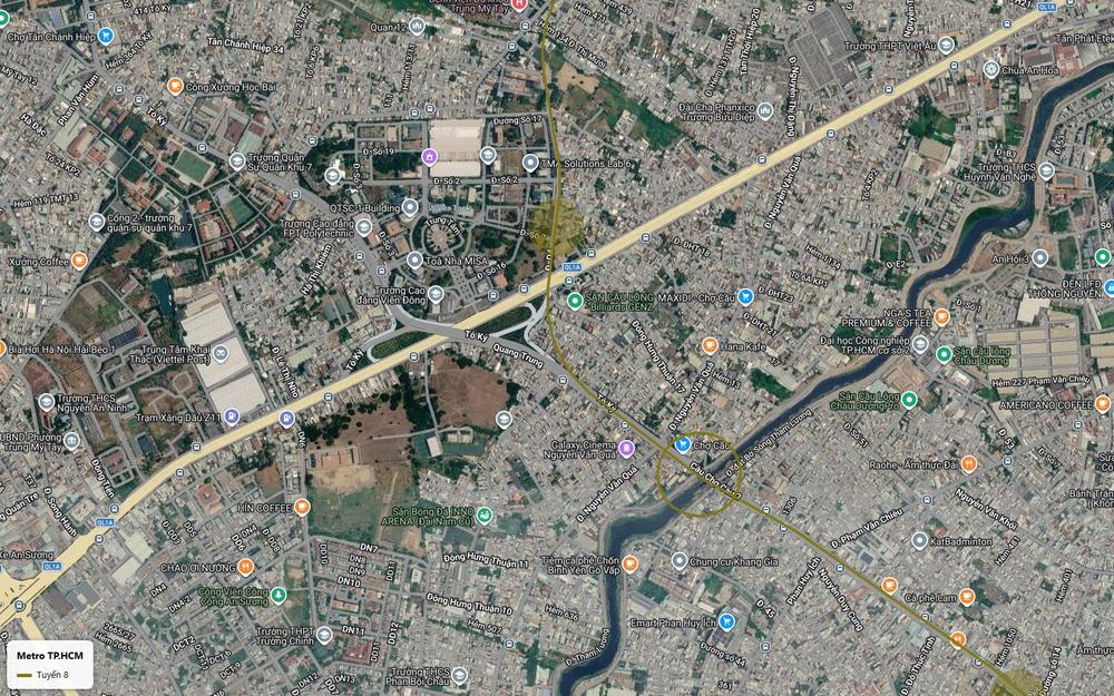 Ảnh vệ tinh tuyến metro số 8 qua công viên phần mềm Quang Trung QTSC và vị trí ga cầu Chợ Cầu trên kênh Tham Lương