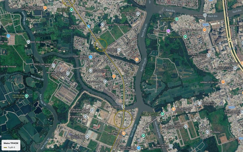 Bản đồ vệ tinh đoạn xã Bình Hưng Bình Chánh của tuyến metro số 8 qua cầu Tắc Bến Rô và khu Milano Bờ Tây