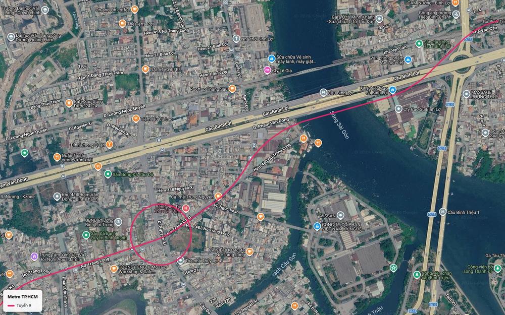 Ảnh vệ tinh tuyến metro số 9 cắt ngang sông Sài Gòn tại hành lang cầu Bình Lợi vào quận Bình Thạnh