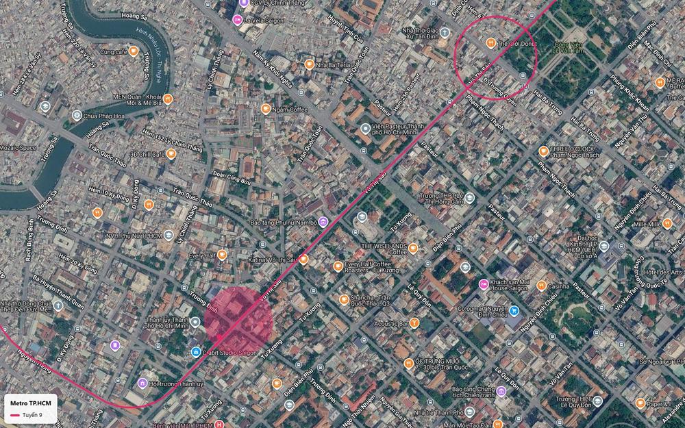 Đoạn tuyến metro số 9 chạy dọc đường Võ Thị Sáu Quận 3 với ga ngầm khu Trương Định gần Viện Pasteur