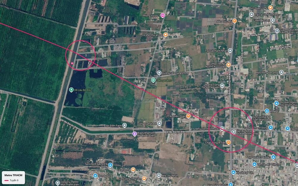 Tuyến metro số 9 băng qua vùng nông nghiệp Vĩnh Lộc A với nhà ga cạnh kênh gần hồ câu Bộ Đội